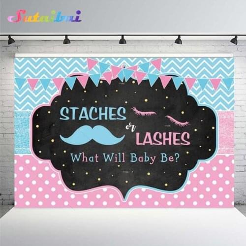 Staches or Lashes What Will Baby Be Gender Reveal Photography Backdrop Boy or Girl He or She Newborn Baby Shower Background