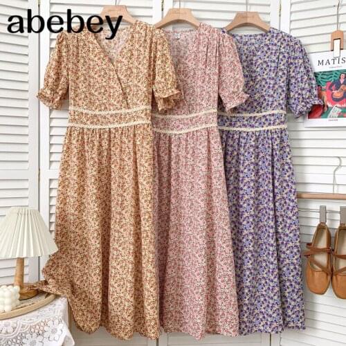 Sweet Fashion V-neck puff sleeve Dress high waist pleated waist lace patchwork mid-length A-line Dress 2021 New Summer