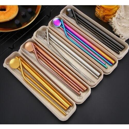 Reusable 304 Stainless Steel Drinking Straws Set Straight Bent Smoothies Drinking Straws Spoon set with brush 7pcs/set SN2445