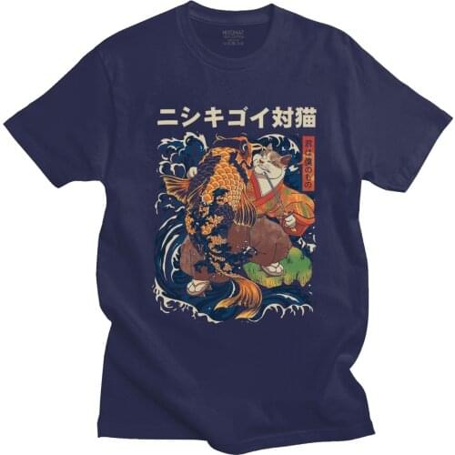 2020 Fashion The Cat And The Koi T Shirt Men Cotton Streetwear T-shirt Short Sleeved Japanese Samurai Tee Tops Clothing Gift