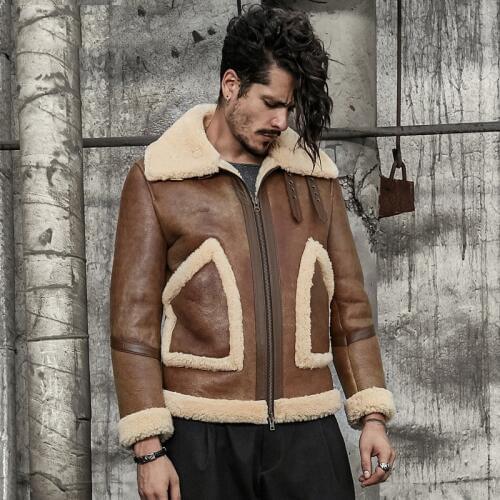 Mens Shearling Jacket Short Leather Jacket Mans Brown Sheepskin Aviator Fur Coat Brown Fur Outerwear Flight Jacket
