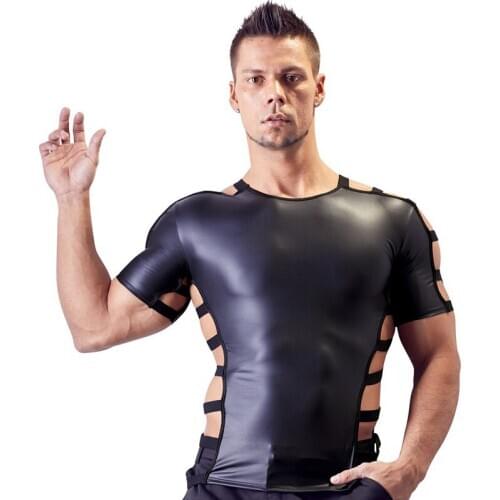 Mens Wetlook Faux Leather Short Sleeve Shirt Gothic Top Clubwear Stage Performance Costume Male Cutout Hollow Out Tight T-shirt