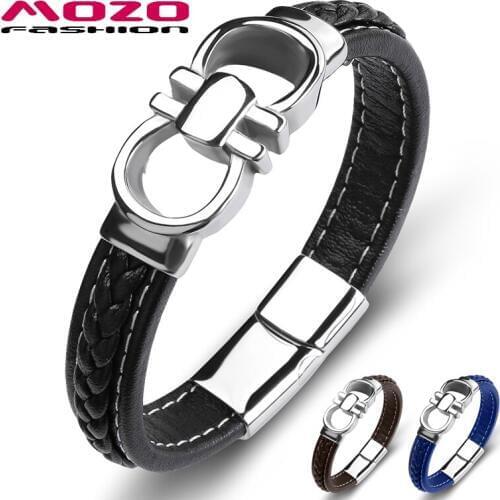 Fashion Brands Men Popular Bracelet Black Leather Stainless Steel Charm Male Cross Lattice Punk Bangles Gifts