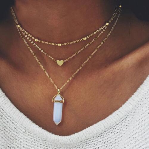 New Fashion Love Pendant Multilayer Choker Necklace For Women Vintage Natural Stone Moon Alloy Chain Necklaces Jewelry G