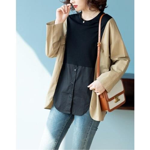 2021 Spring New Korea Fashion Women Long Sleeve Loose O-neck Blouse All-matched Casual Patchwork Color Shirts Plus Size