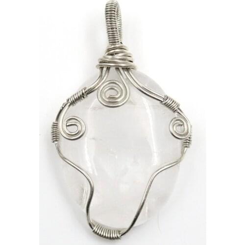 FYSL Silver Plated Wire Wrap Oval Shape Clear Quartz Pendant Stripe Purple Agates Fashion Jewelry