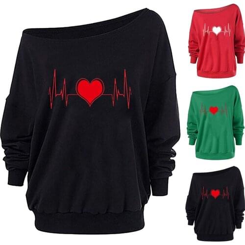 Spring and Autumn Valentines Day European and American New Ecg Love Printing Loose Long-Sleeved Womens T-Shirt