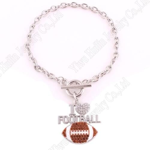 High Quality fashoin rhodium plated with sparkling crystals I LOVE FOOTBALL charm bracelet