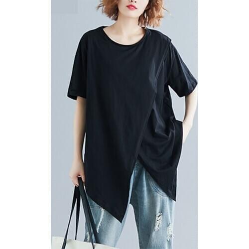 Plus Size Women T-Shirt 2020 Summer Oversize Basic Short Sleeve Cotton O-Neck Irregular Patchwork Black White Loose Tops Female
