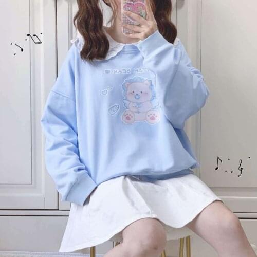Harajuku 2021 Blue Cute Amine Sweatshirt Women Clothes Autumn Loose Cartoon Print Hoodie Spring Winter Hoodie Streetwear Females
