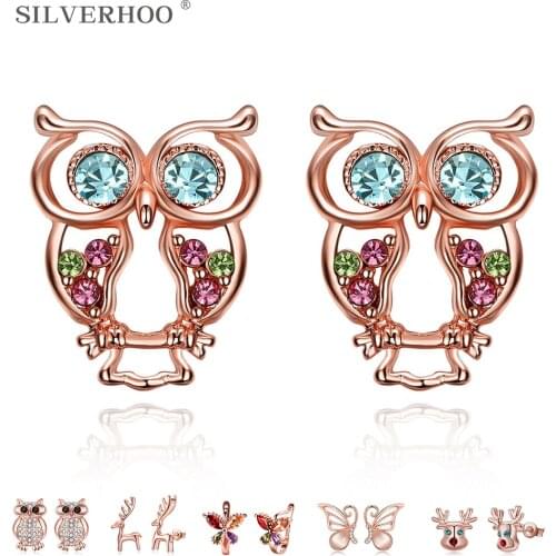 Classic Hollow Out Owl Stud Earrings For Women Czech Drill Rose Gold Color Earrings Anniversary Fashion Fine Best Jewelry Gift