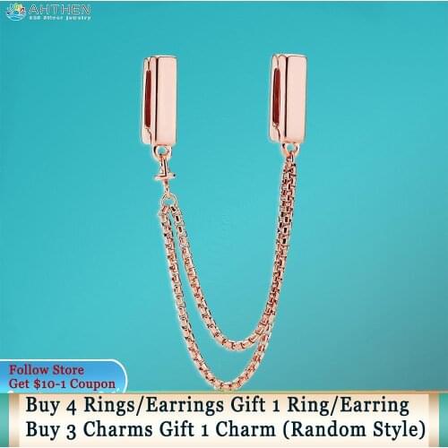 Ahthen 925 Sterling Silver Bead Rose Safety Chain Clip Charm fit Original Pandora Reflexion Bracelet for Women Jewelry Girl Gift