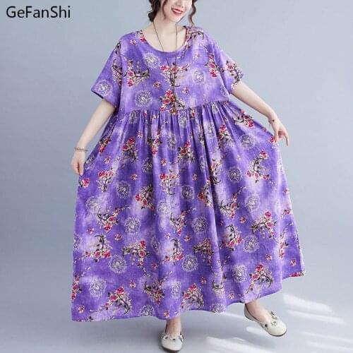 2021 New Cotton Linen Summer Women Dress Loose Print Casual Short Sleeve Dress Fashion Elegant Long Dresses Robe Large Size