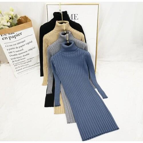 Long Sleeve Sweater Dress Women 2020 Autumn Winter Turtleneck Ladies Slim Bodycon Knitted Dress Knee Length Bottoming Dresses