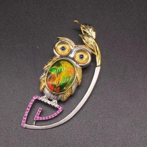 Owl brooch 925 sterling silver natural ammolite only 1 piece exactly the same as picture fine women jewelry brooch