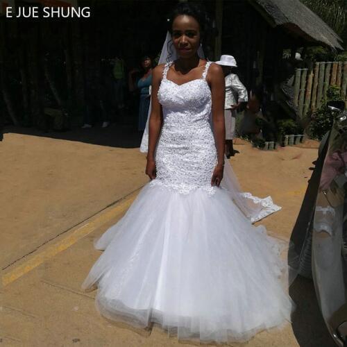 E JUE SHUNG White Lace Appliques Wedding Dresses Pearls Spaghetti Straps Luxury Wedding Gowns Court Train Custom