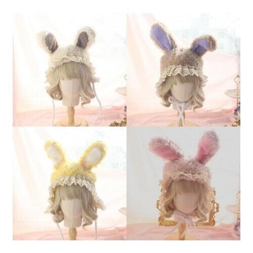 Young Girl Kawaii Lolita Warm Lovely Rabbit Ear Lace Ruffles Hat Autumn Winter Sweet Womens Plush Flat Cap Take Photo Headwear