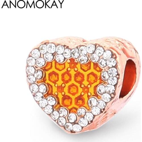 Anomokay Classic Fashion Gold Color Honey Heart Charm for Women Lover Girl DIY Jewelry Full Crystal Fine Love Beads fit Bracelet