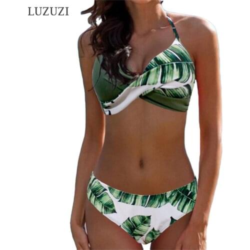 LUZUZI Sexy Push Up Womens Swimsuits Swimwear Bathing Suit Women Halter biquini Leaf Print Beach Wear Bikini Swimsuit 2020