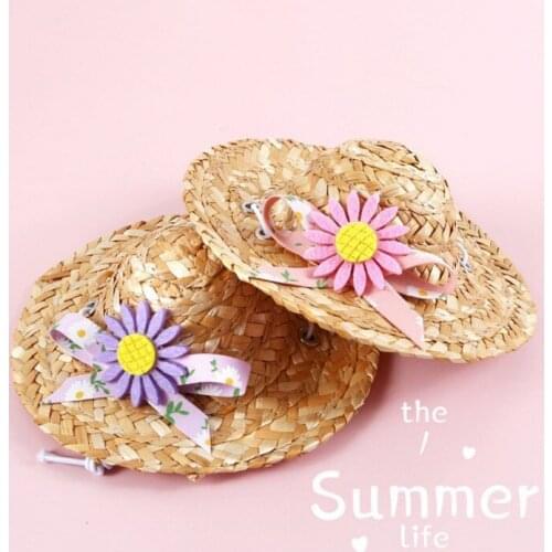 Small Daisy Straw Cat Woven Hat Sunshade Pet Hat Sombrero For Small Dogs Cats Beach Party Straw Costume Cat Accessories New