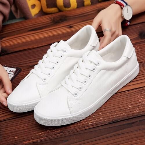 Mens Pure White Leather Sneaker Sports Leisure Board Shoes Lace-up Men Shoes Lightweight Comfortable Breathable Walking Sneaker