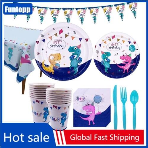 Cute Dinosaur Party Tableware Set Paper Plate Cup Napkins Tablecloth Banner for Kids Birthday Party Decor Baby Shower Supplies