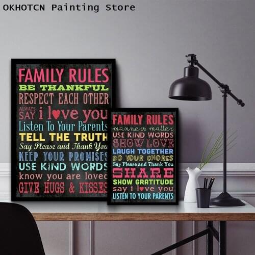Family Rules Colored Text Motivational Quotes Vintage Art Canvas Poster Minimalism Print Modern Home Room Wall Decoration