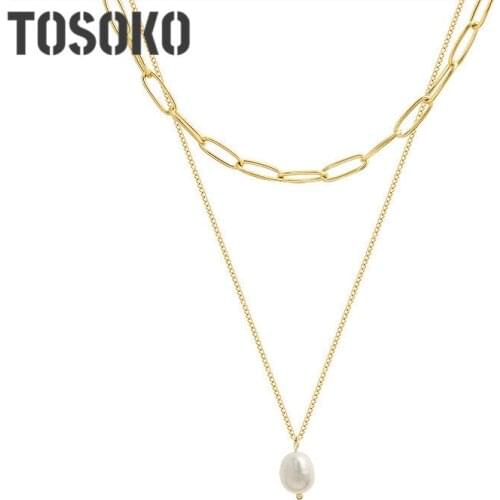 TOSOKO Stainless Steel Jewelry Danshui Pearl Pendant Multi Layered Lapped Necklace Womens Fashion Clavicle Chain BSP791