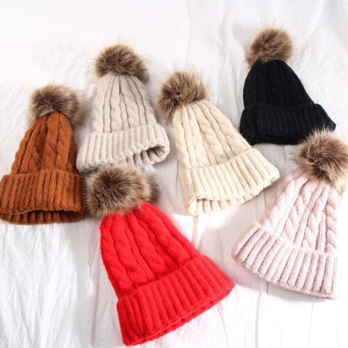 Hat women winter warmth hemp knit wool cap ball versatile Mommy and me cap students casual winter hat parent-child Hat HT19051