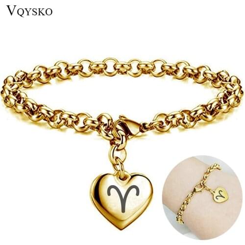 Constellations 12 Zodiac Signs Charms Heart Bracelet For Women Girls FashionStainless Steel Chain Bangles Jewelry Birthday Gifts