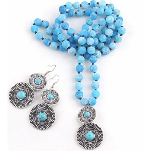 RH Fashion Bohemian Jewelry Accessory 8mm Stones Knotted With Stone Pendant Necklaces Earring set For Women Boho Gift