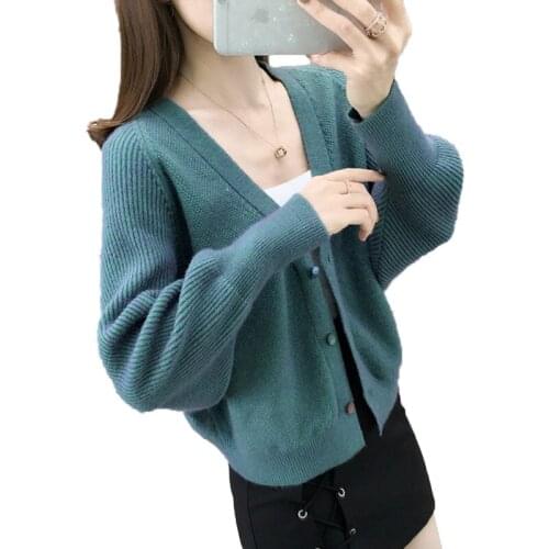 Winter Knit Cardigan Women Autumn 2020 New Casual Cardigans Long Sleeve Solid color green Blue V Neck Loose Short Sweater
