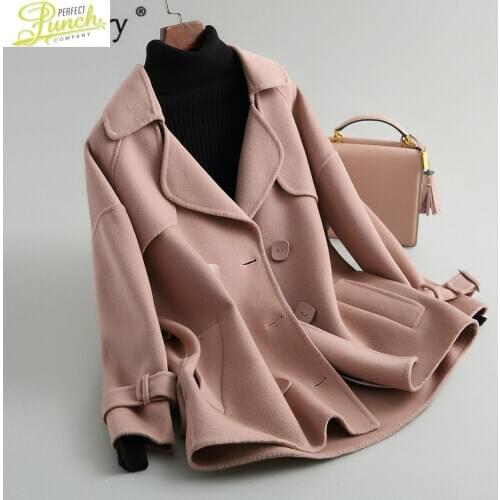 Pink 2021 Wool Korean Coat Women Spring Autumn Double-sided Woolen Ladies Coats and Jackets Abrigos Mujer Elegante KQN48064
