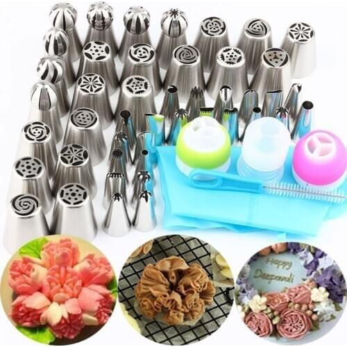 1 Pcs Silicone Bag 1Pcs Brush 1 Pcs Converter+Russian 45 Pcs Ball Pastry Tips Nozzles Shape Icing Stainless Steel Piping