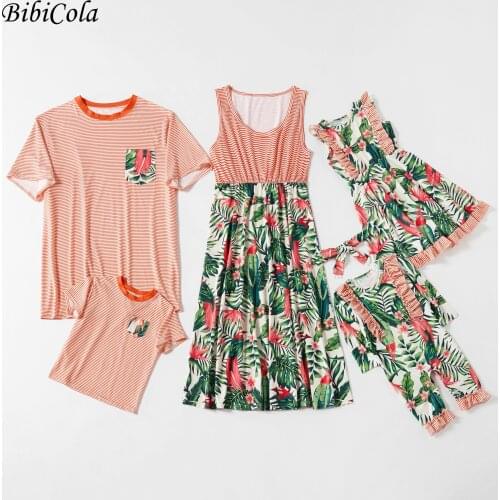 BibiCola Summer Mosaic Family Matching Dress Tropical forest series Tank Dresses Rompers Tops Matching Outfits Family Look Sets