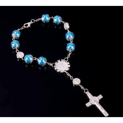 1CM Rosary Center Mercy Mary Holy Heart Divine Mercy Jesus Icon Religious Center Gift Bracelet, St. Benedict ClassicBracelet