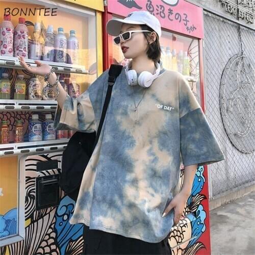 5 Quarter T-shirts Women O-neck Tie-dyed Korean Style Boyfriend Couple Harajuku High Street Young Hip Hop Loose aesthetic daily