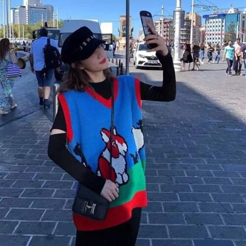 Kadın kolsuz kazak sonbahar 2020 kore tarzı sevimli karikatür hayvanlar V boyun örgü kazak yelek boy yelek üstleri