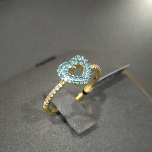 S925 sterling silver ring August new lake blue heart-shaped ring female fashion bohemian style jewelry golden yellow ring