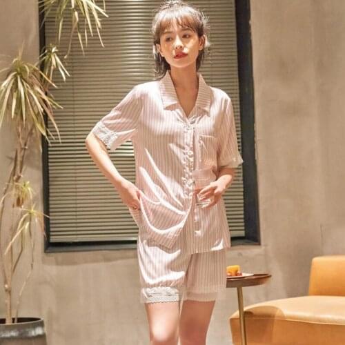 2021 Summer Short Sleeve Silk Satin Shorts Pajama Set for Women Casual Striped Sleepwear Suit Homewear Pijama Mujer Home Clothes