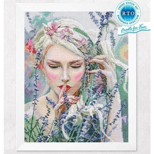 Beautiful Counted Cross Stitch Kit Listening To The Silence Listen Girl Maid Woman and Lavender Flower