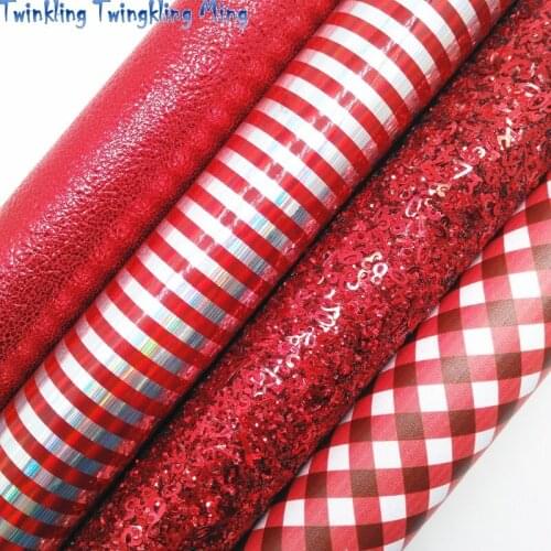 Red Chunky Glitter Leather with Numbers, Tartan Stripes Printed Synthetic Leather Faux leather 21x29CM Twinkling Ming KM467