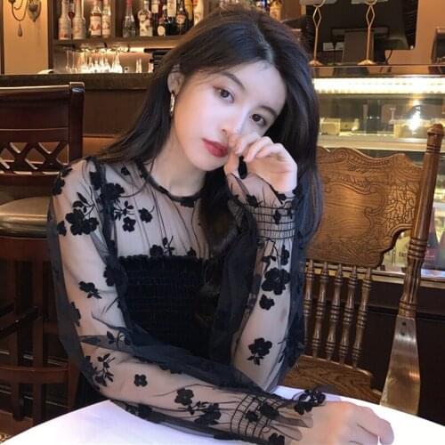 Lucyever Sexy Mesh Patchwork Velvet Shirt Women 2021 Fashion Flowers Long Sleeve Shirts Woman Streetwear Round Neck Blouse Mujer