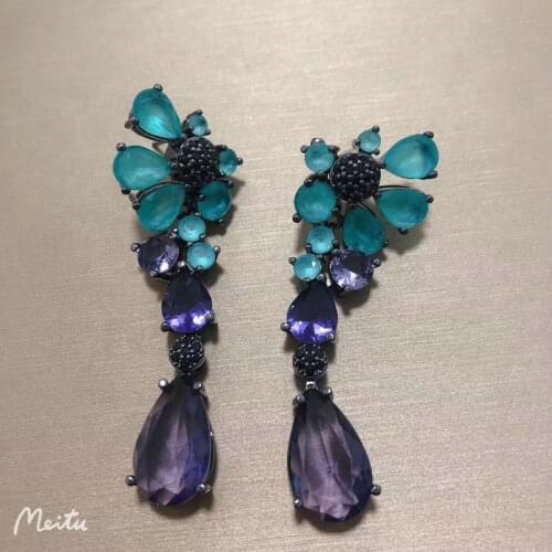 Bilincolor Trendy Cubic Zirconia Royal Blue Vintage Waterdrop Flower Drop Earring for Women Gift