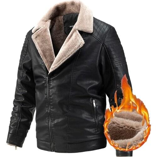 Men Winter Inclined Zipper Fleece Motorcycle Leather Jacket Fashion Lapels Vintage Faux Leather Jackets Biker Slim Casual Coat