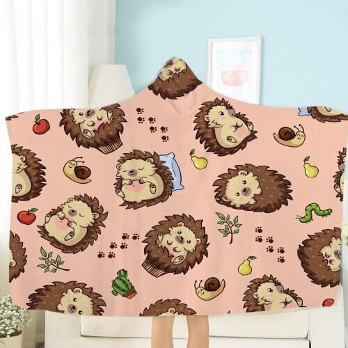 Hedgehog Hooded Blanket Cartoon Animals Blanket 3D Print Home Textile Blanket Soft Wearable Blanket For Bedroom Fleece Blanket