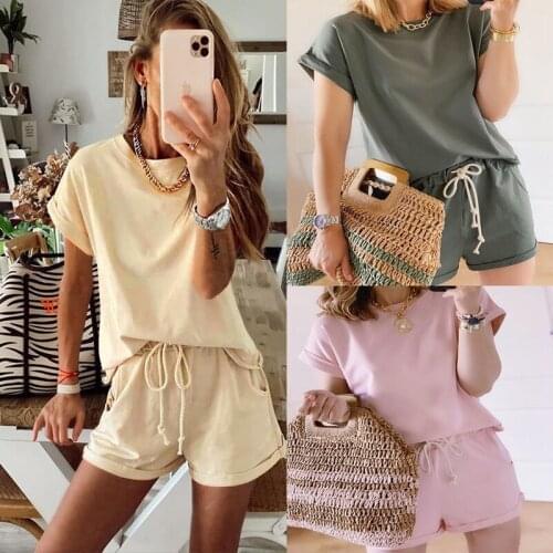 OMILKA Lounge Wear 2 Piece Set Women Short Sleeve O Neck T Shirt and Shorts Set 2020 Summer Casual Leisure Pajamas Set