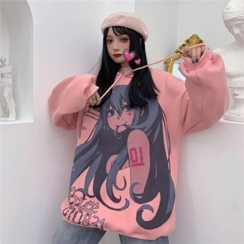 Autumn Pink Hoodies Women Female Loose Sweatshirts Japan Cartoon Fashion Lovely Jumpers High Street Harajuku Hoodie Kawaii Tops