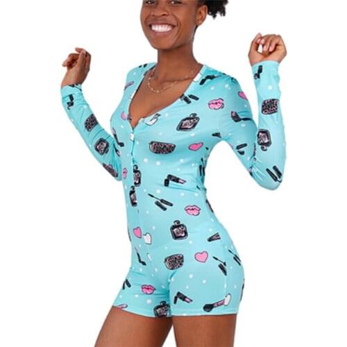 Sexy Women V-neck Animal Print Bodycon Leotard Long Sleeve Bodysuit Sleepwear Jumpsuit Button Bodysuit Shorts Romper