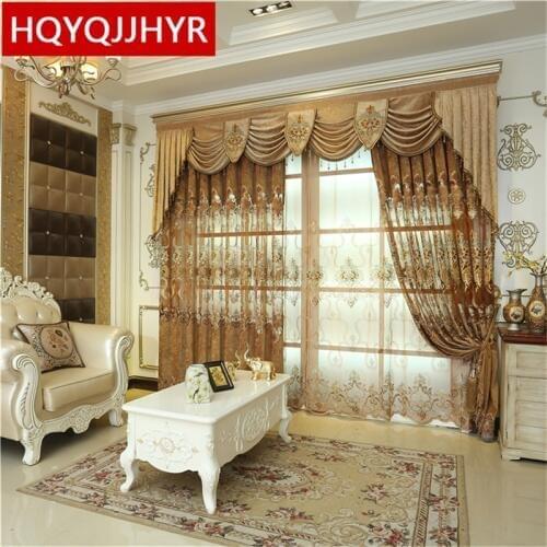 Luxury European Cashmere Chenille Brown Embroidered Curtains For Living Room With High-Grade Voile Curtain For Bedroom/Kitchen